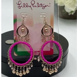 Lilly Pulitzer Beachcomber Beaded Raz Berry Pink‎ Chandelier Dangle Earrings New
